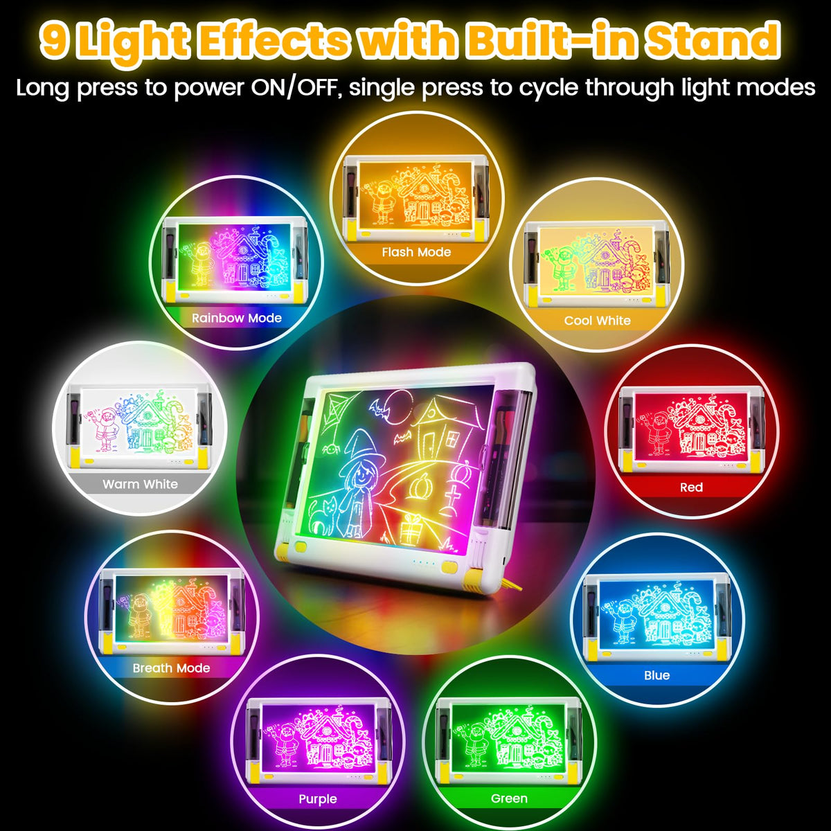 Geokay Rechargeable LED Drawing Board 15-Inch - 9 Neon Light Modes, 5 Markers & 10 Tracing Sheets