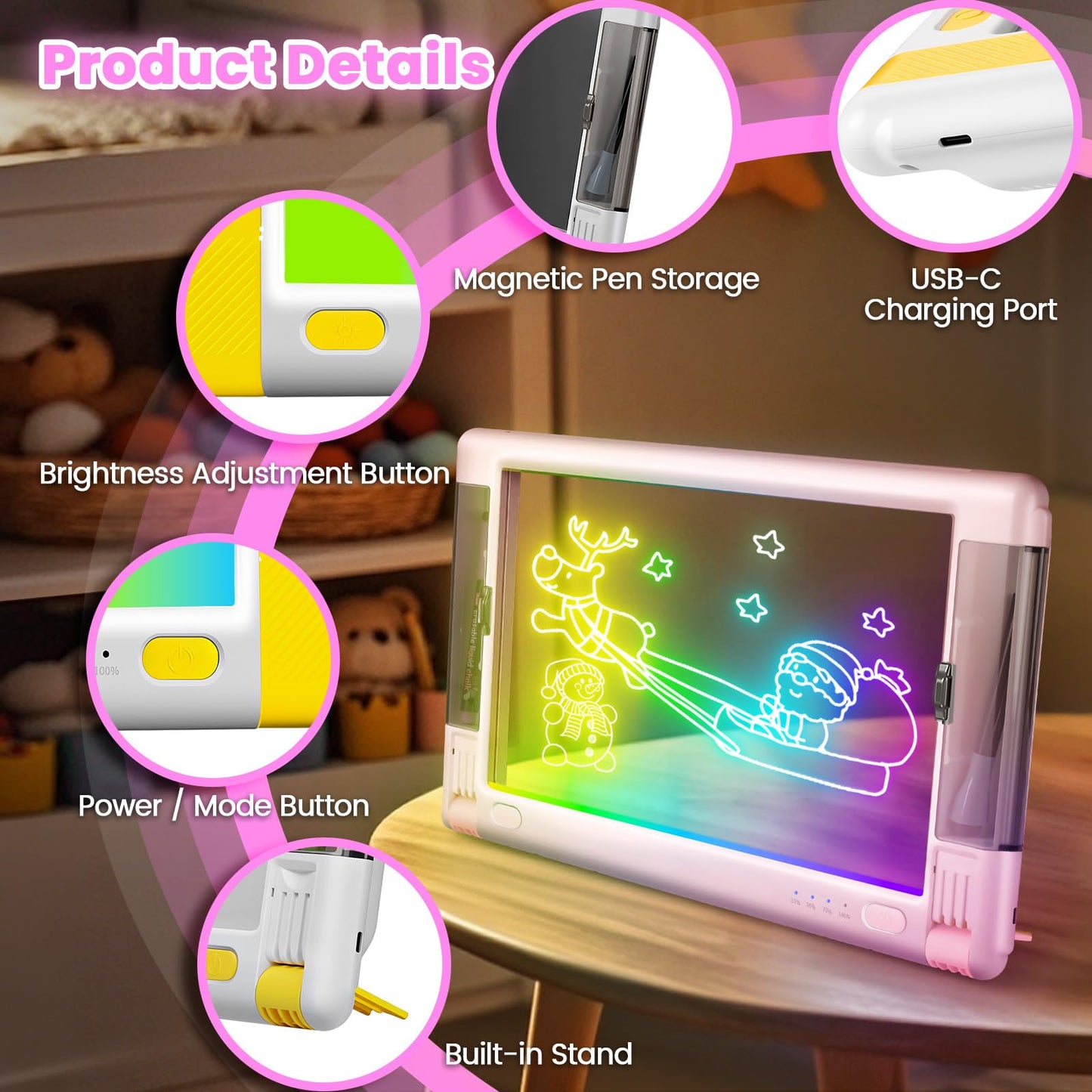 Geokay 15-Inch Rechargeable LED Drawing Board — 9 Neon Color Modes, 5 Markers & 10 Tracing Sheets