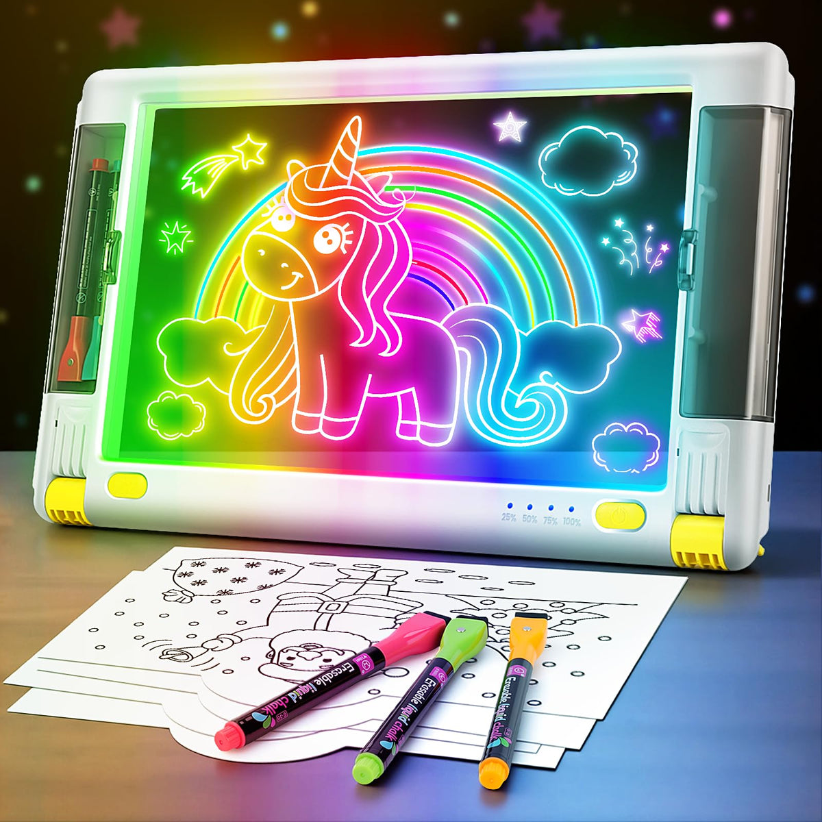Geokay Rechargeable LED Drawing Board 15-Inch - 9 Neon Light Modes, 5 Markers & 10 Tracing Sheets