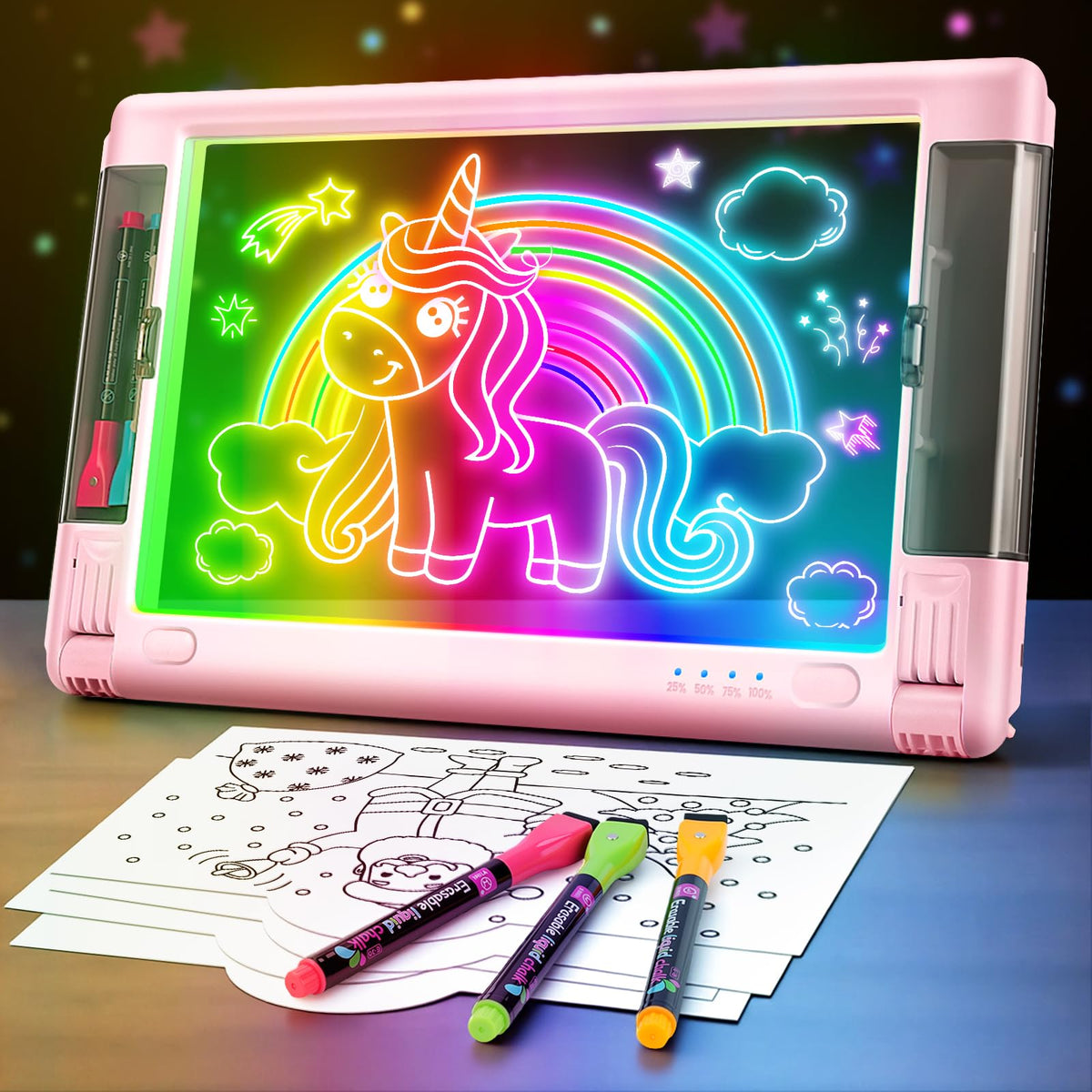 Geokay 15-Inch Rechargeable LED Drawing Board — 9 Neon Color Modes, 5 Markers & 10 Tracing Sheets
