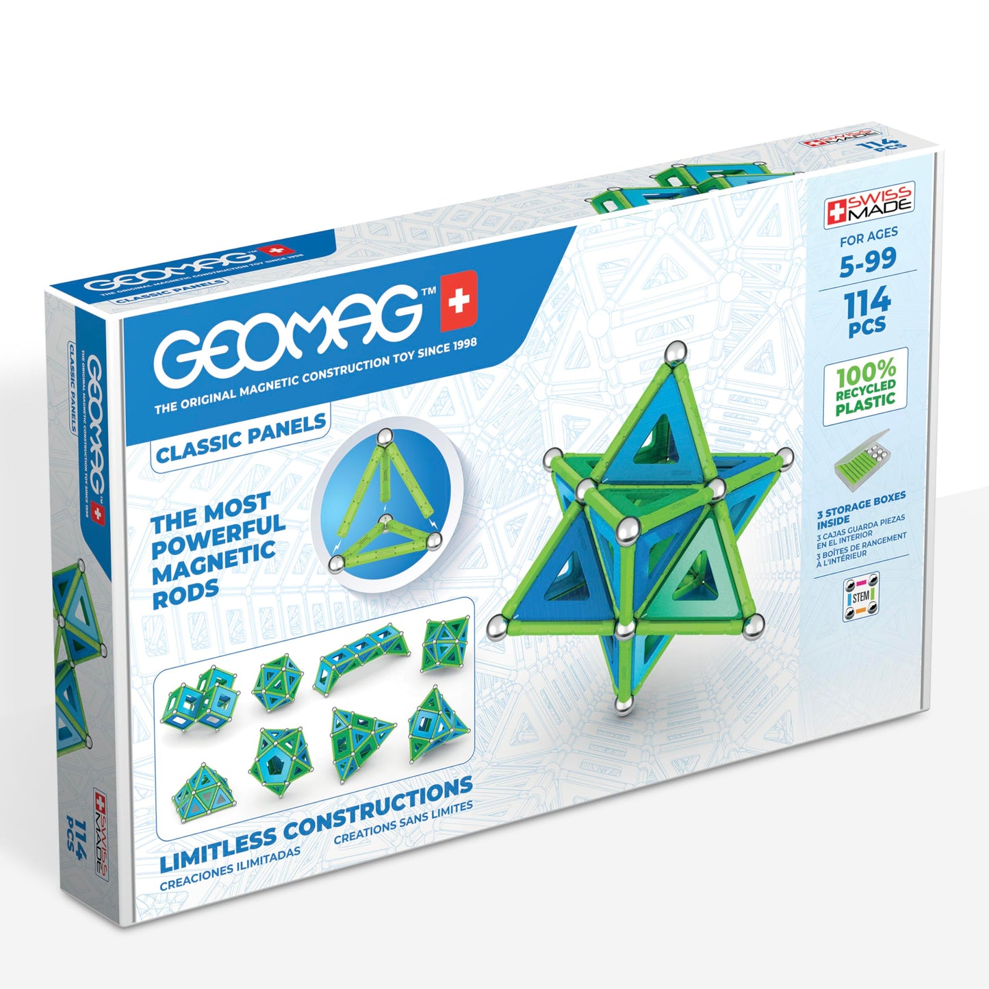 Geomag Classic 114pc Magnetic Building Set for Kids 5+ | Swiss-Made STEM Toys from Recycled Plastic