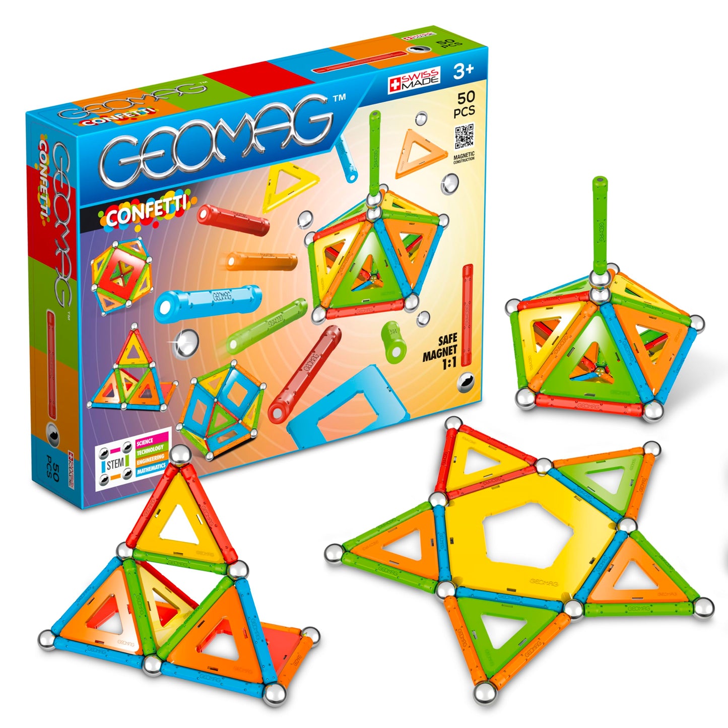 Geomag Confetti 50 Piece Magnetic Building Set – Colorful Swiss-Made STEM Toy for 3+