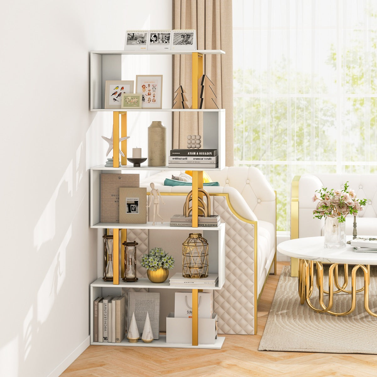 5/6-Tier Geometric Bookcase with Metal Frame and Anti-tipping Kits-6-Tier