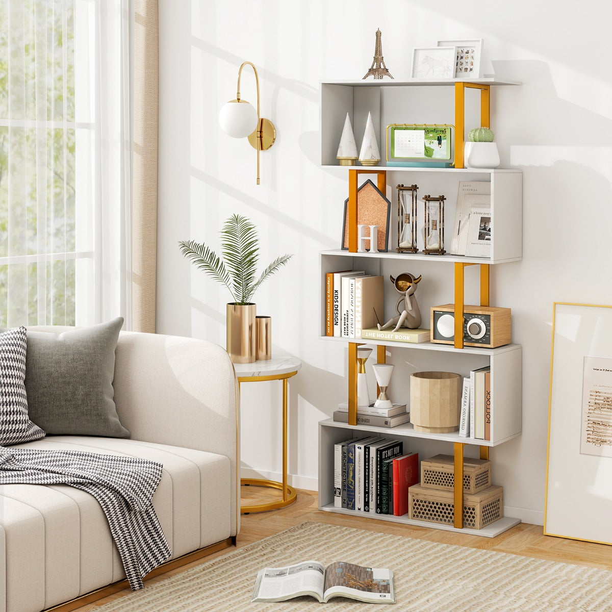 5/6-Tier Geometric Bookcase with Metal Frame and Anti-tipping Kits-6-Tier