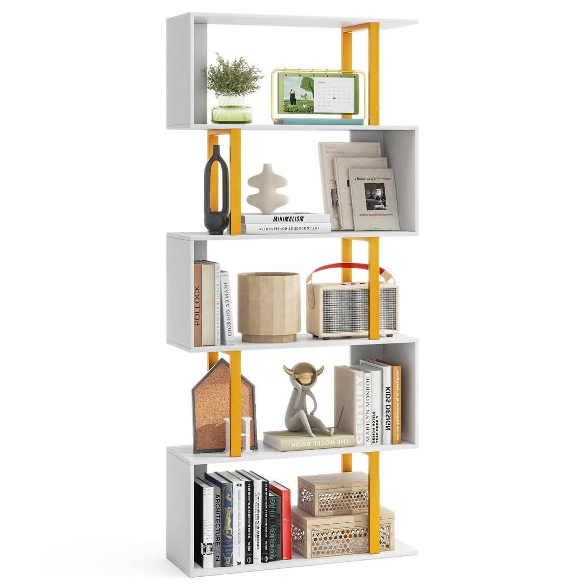 5/6-Tier Geometric Bookcase with Metal Frame and Anti-tipping Kits-6-Tier