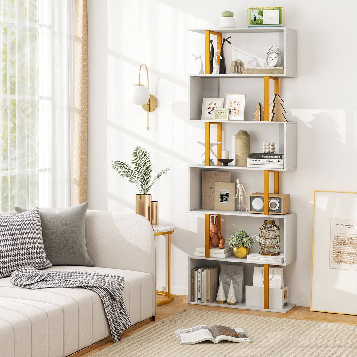 5/6-Tier Geometric Bookcase with Metal Frame and Anti-tipping Kits-6-Tier