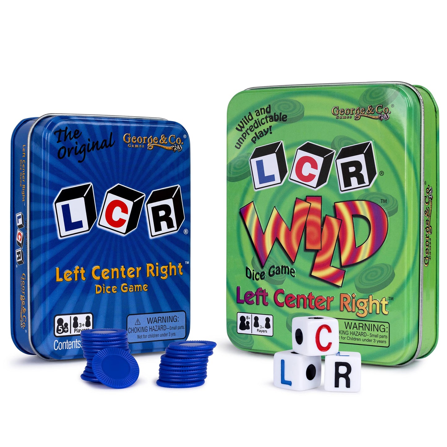 George & Company LLC LCR Gift Set – Blue Original & Green Wild Dice Game Tin Bundle (2 Pack)