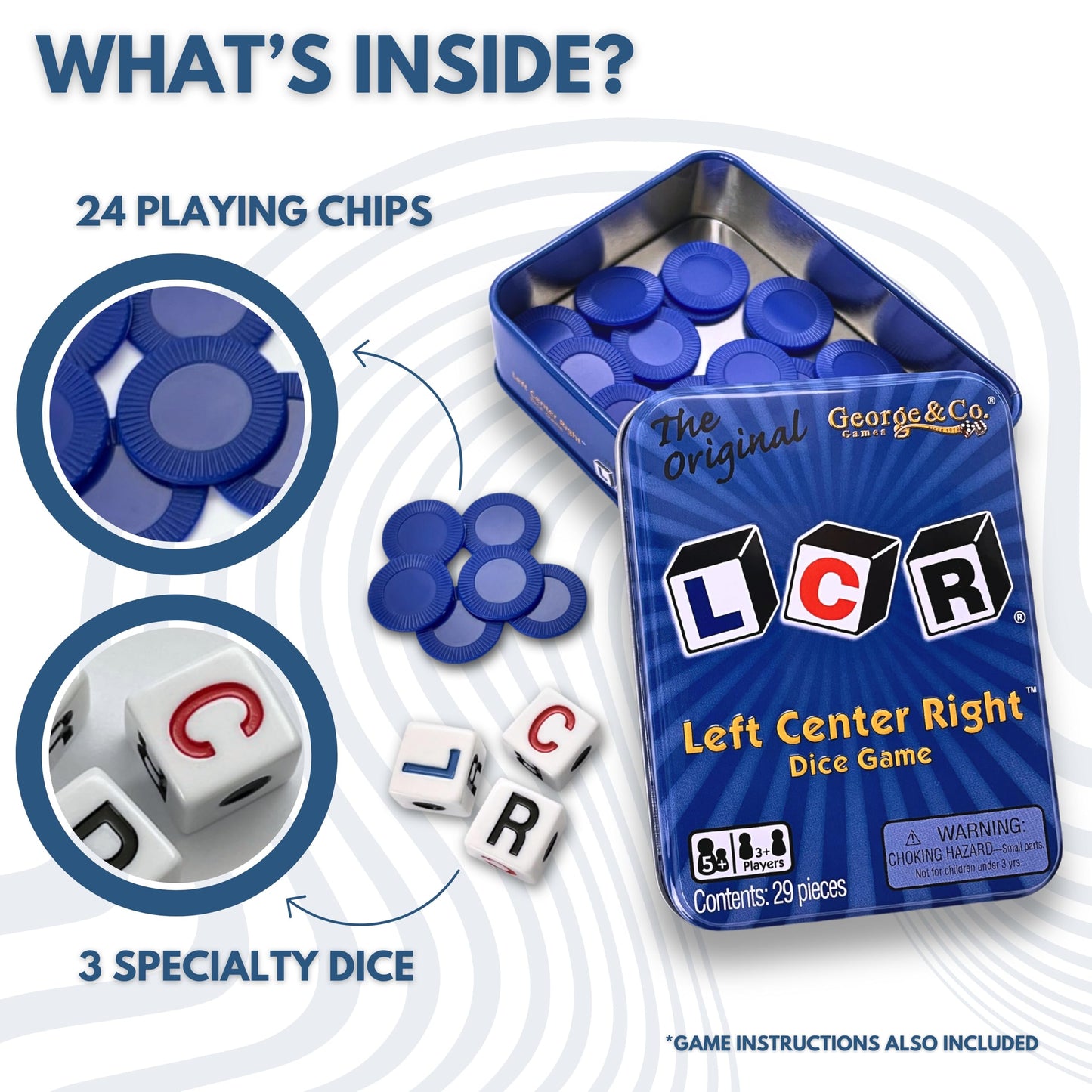 George & Company LCR Left Center Right Dice Game – Blue Tin