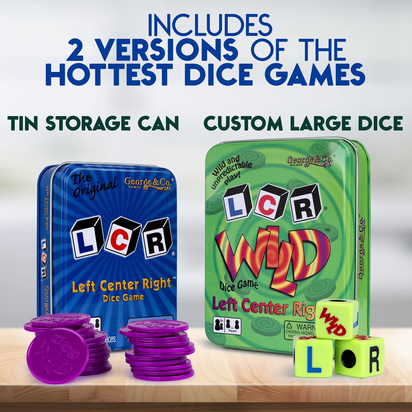 George & Company LLC LCR Gift Set – Blue Original & Green Wild Dice Game Tin Bundle (2 Pack)