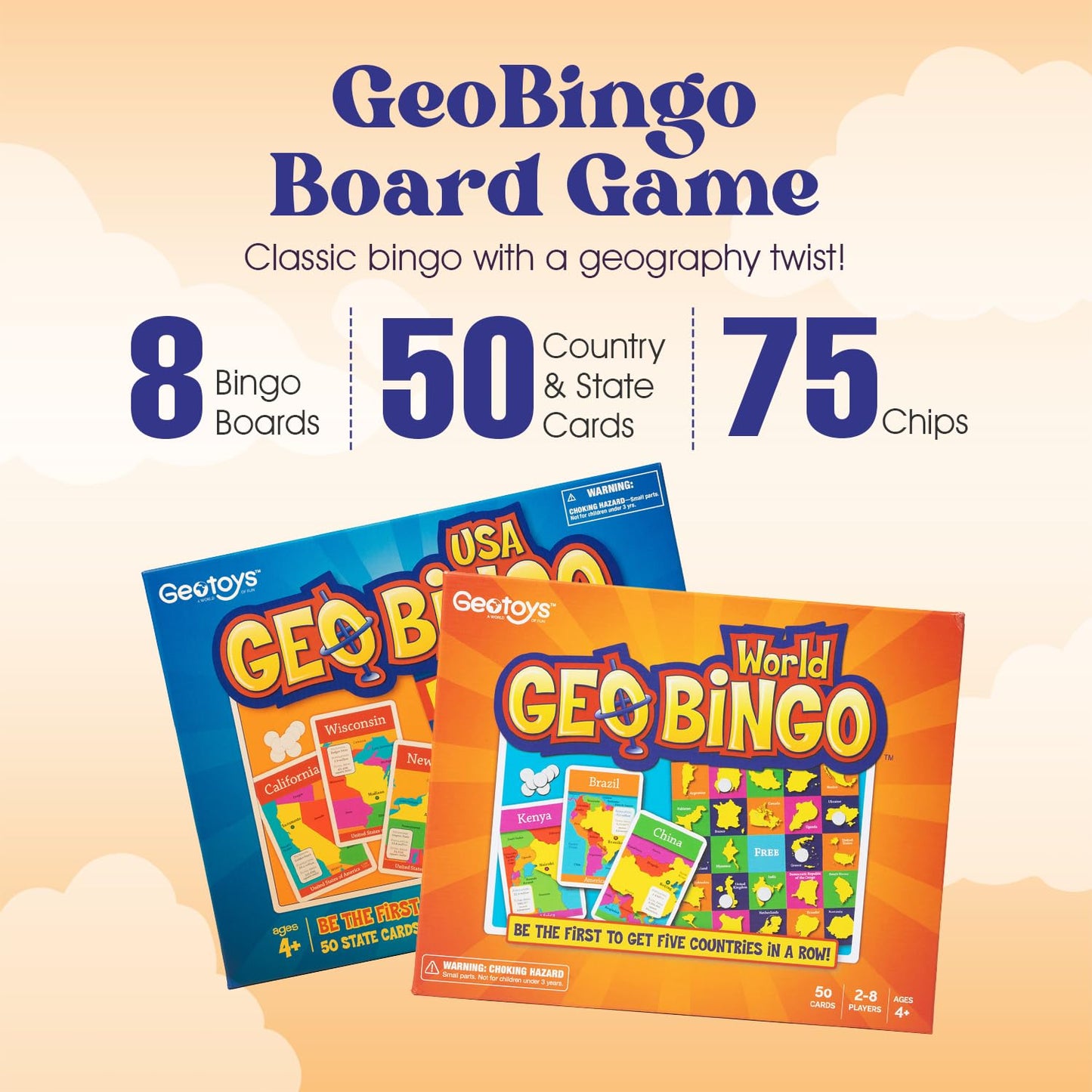 Geotoys GeoBingo Set — World & USA Geography Bingo for Kids 4+