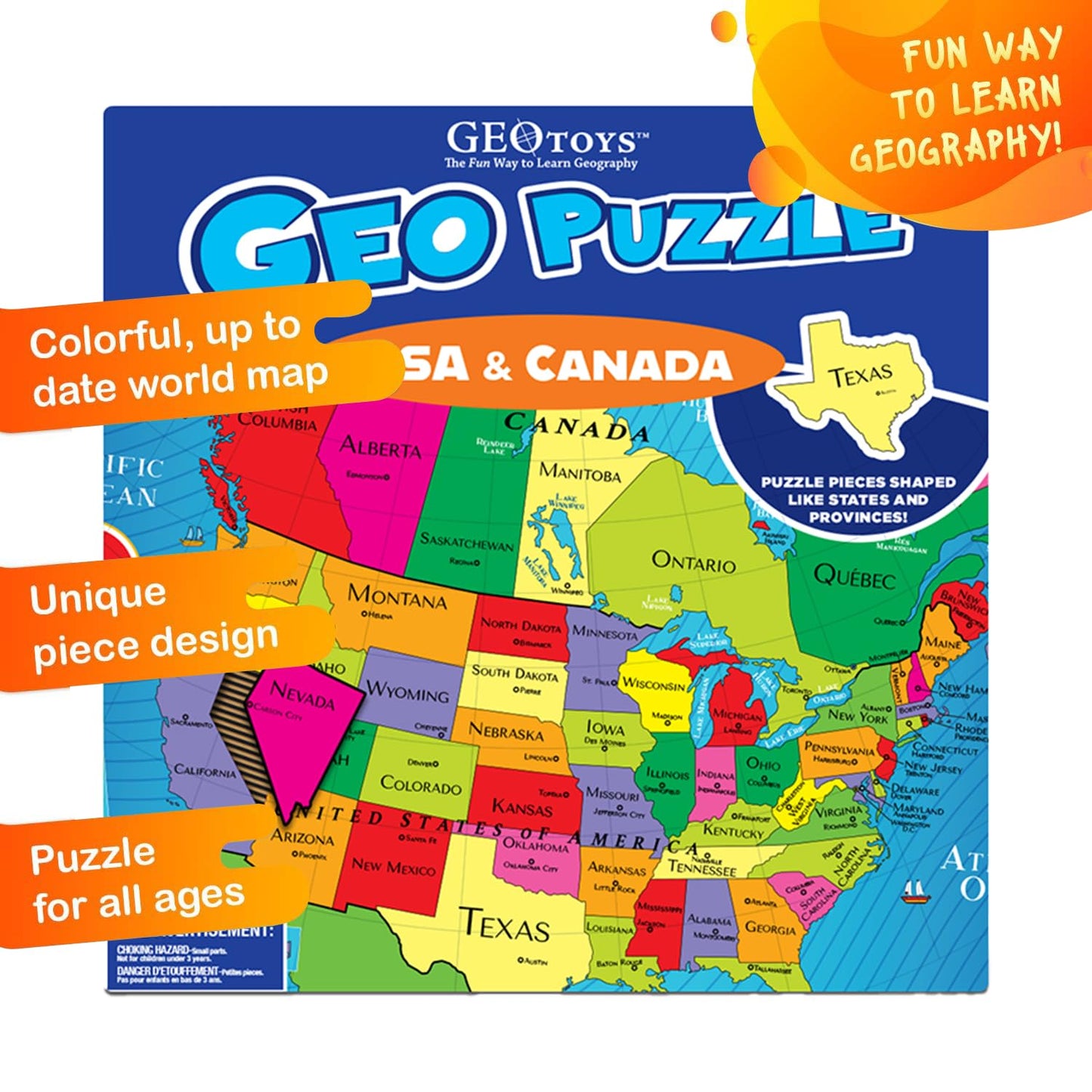 GeoToys GeoPuzzle USA & Canada Map Puzzle – 69-Piece Geography Jigsaw for Kids 6-9