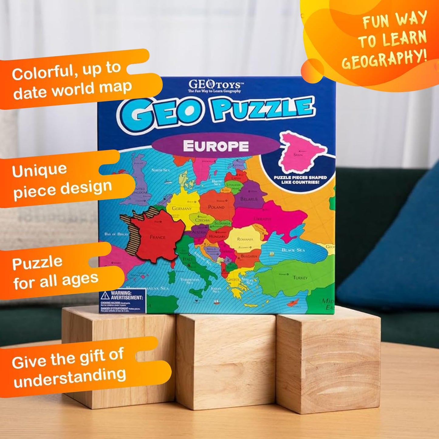 GeoToys GeoPuzzle Europe Map – 58-Piece Geography Puzzle for Kids (Ages 6-9) | Map Puzzle & Geography Game