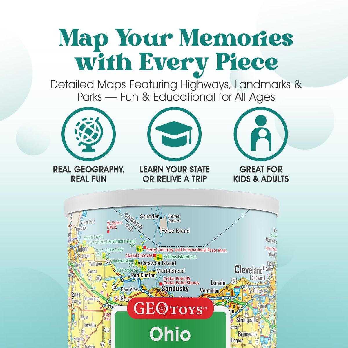 Geotoys Ohio Mini State Puzzle – 100-Piece Travel Map for Kids & Adults | 13x10