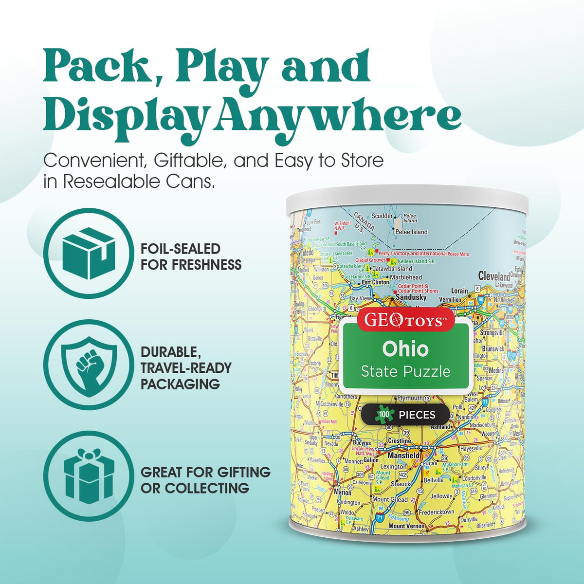Geotoys Ohio Mini State Puzzle – 100-Piece Travel Map for Kids & Adults | 13x10