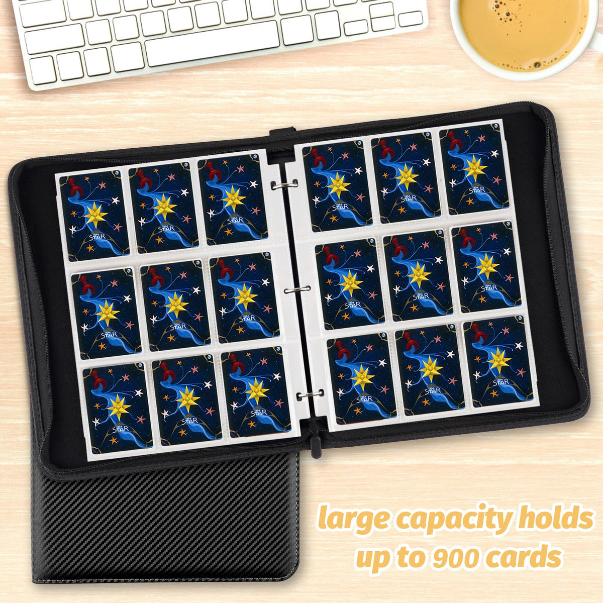 GERMUN 900-Pocket Trading Card Binder – 9-Pocket Sided, Premium PU Leather, Waterproof, Carbon Black
