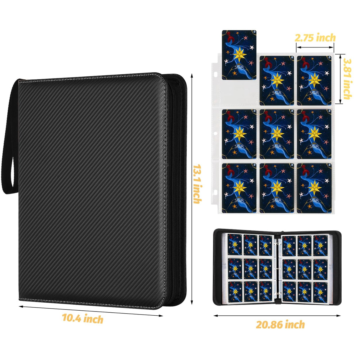 GERMUN 900-Pocket Trading Card Binder – 9-Pocket Sided, Premium PU Leather, Waterproof, Carbon Black