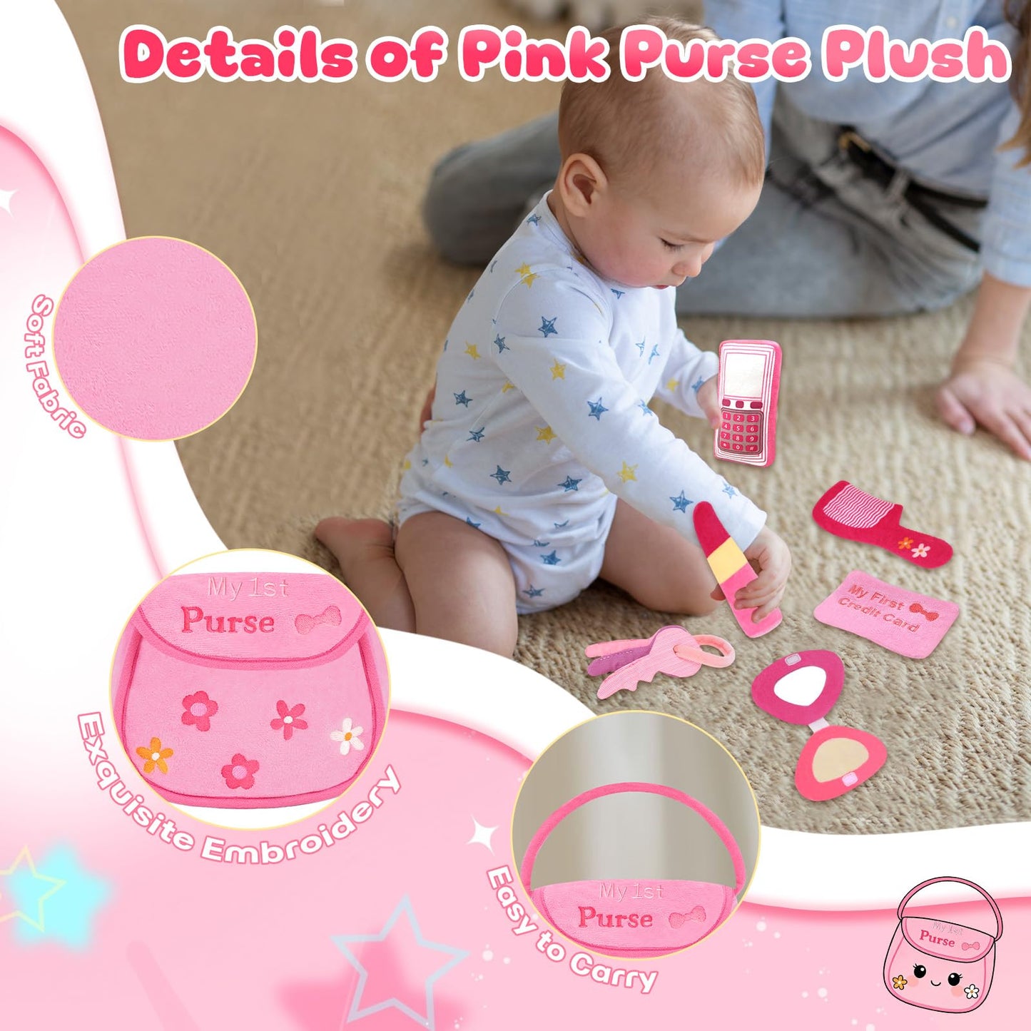 GERBIT My First Pink Purse Plush — 6-Piece Toddler Makeup Plushies Set for First Birthday