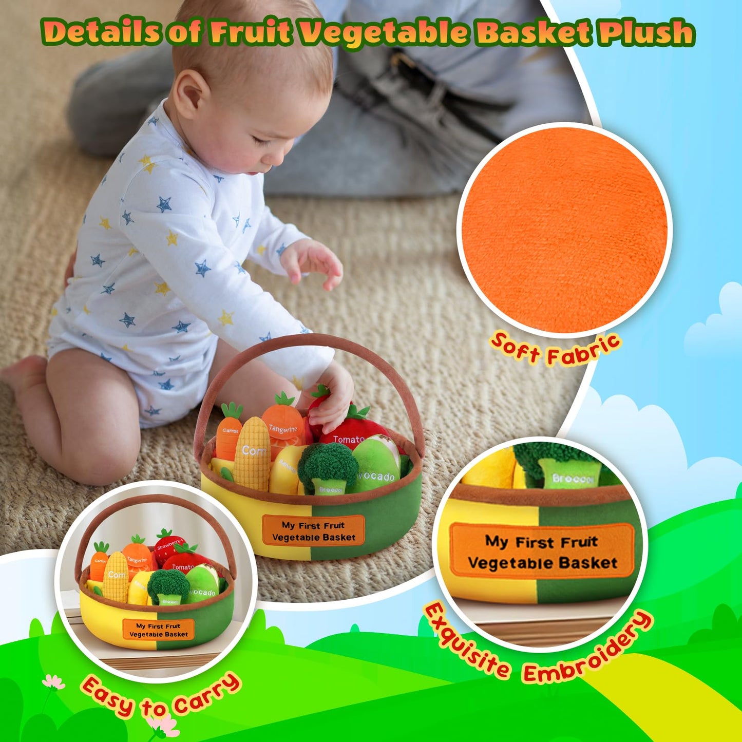 GERBIT My First Fruit Vegetable Basket Plush – 8 Plushies for Toddlers
