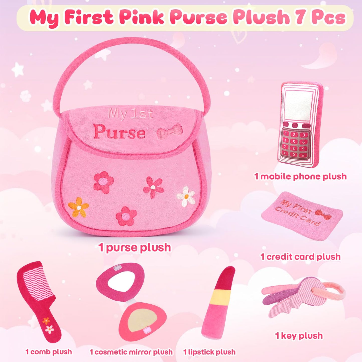 GERBIT My First Pink Purse Plush — 6-Piece Toddler Makeup Plushies Set for First Birthday