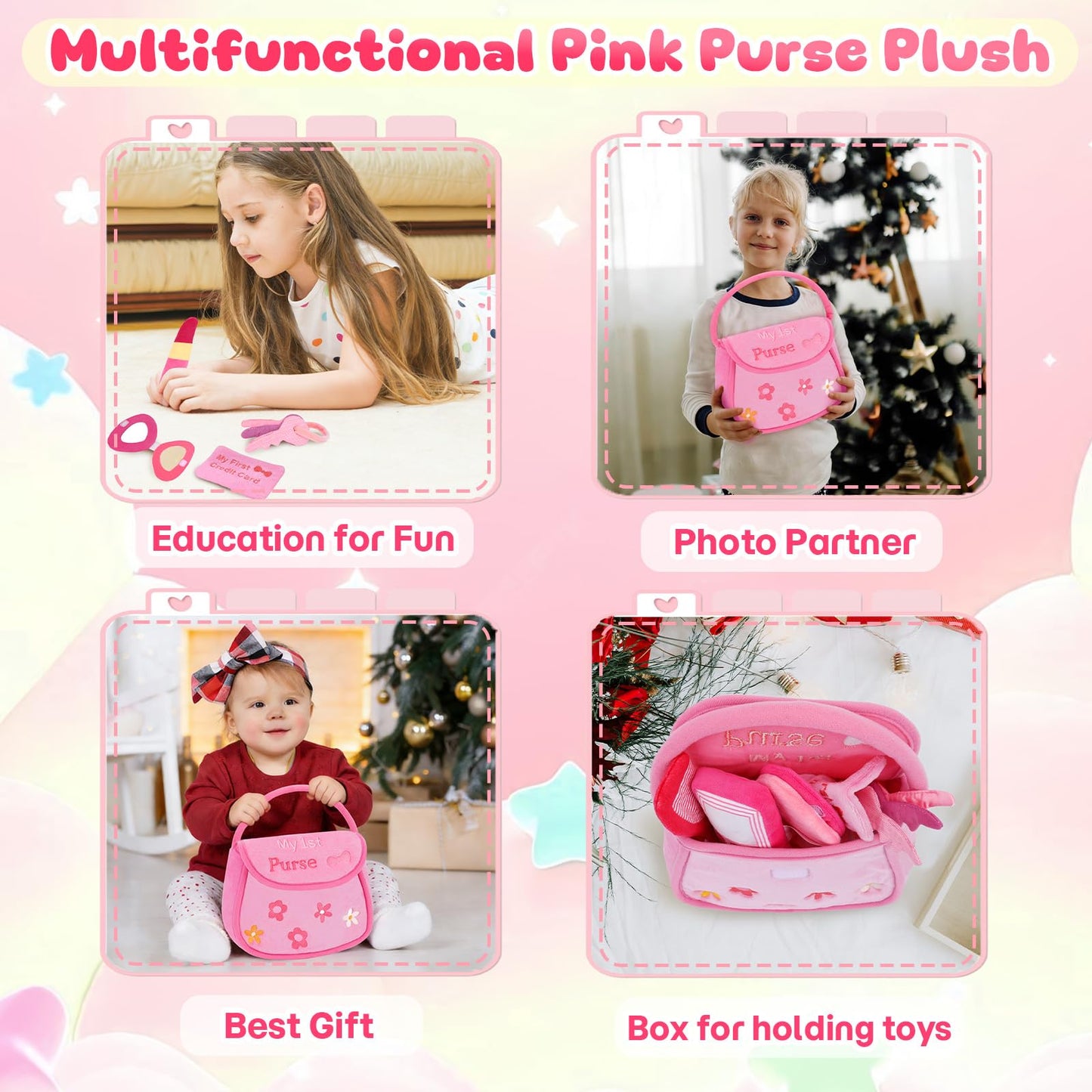 GERBIT My First Pink Purse Plush — 6-Piece Toddler Makeup Plushies Set for First Birthday