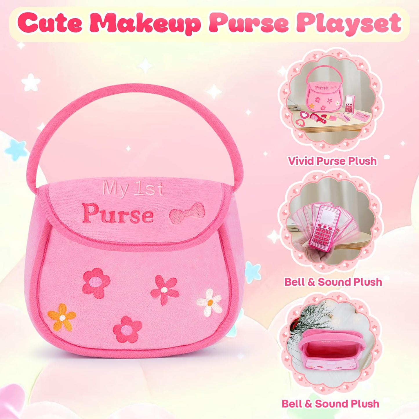 GERBIT My First Pink Purse Plush — 6-Piece Toddler Makeup Plushies Set for First Birthday