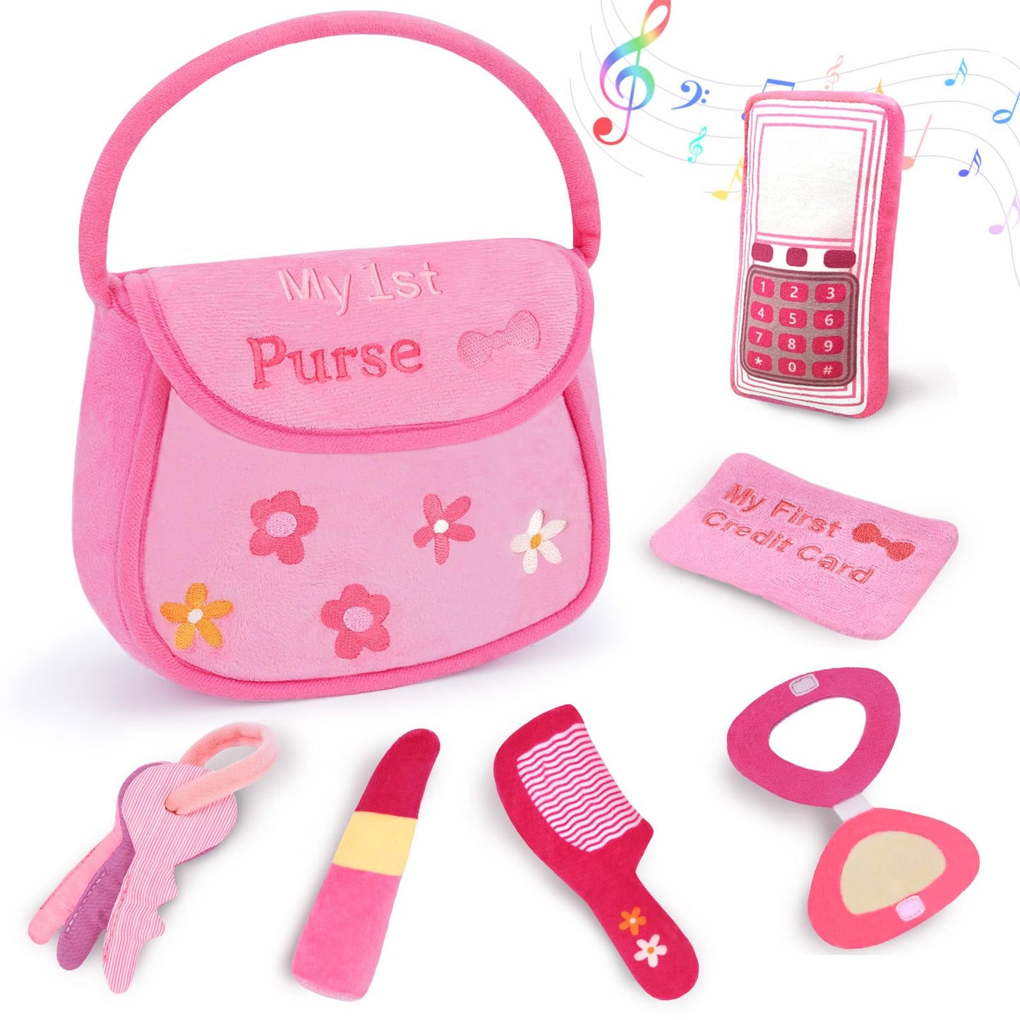 GERBIT My First Pink Purse Plush — 6-Piece Toddler Makeup Plushies Set for First Birthday