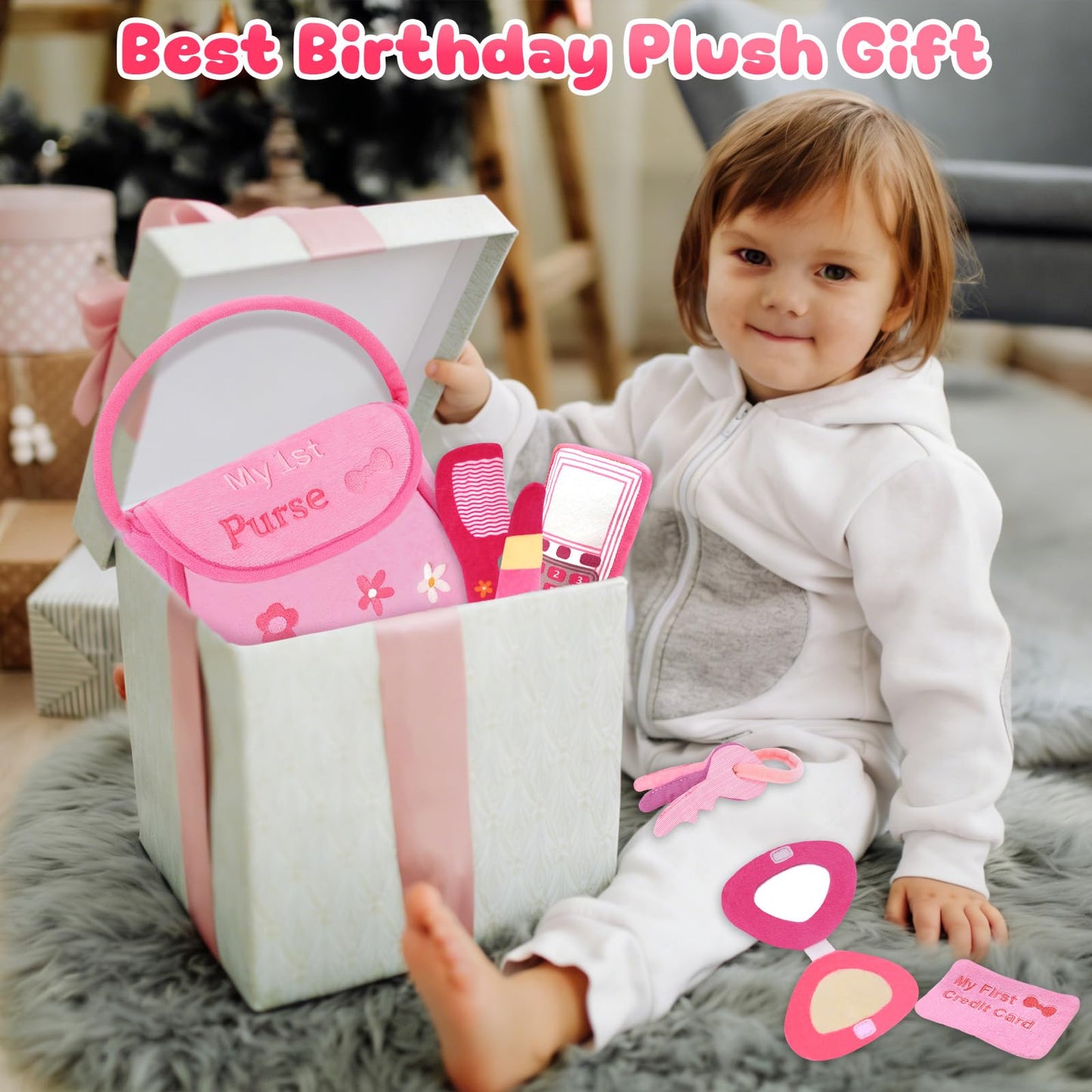 GERBIT My First Pink Purse Plush — 6-Piece Toddler Makeup Plushies Set for First Birthday