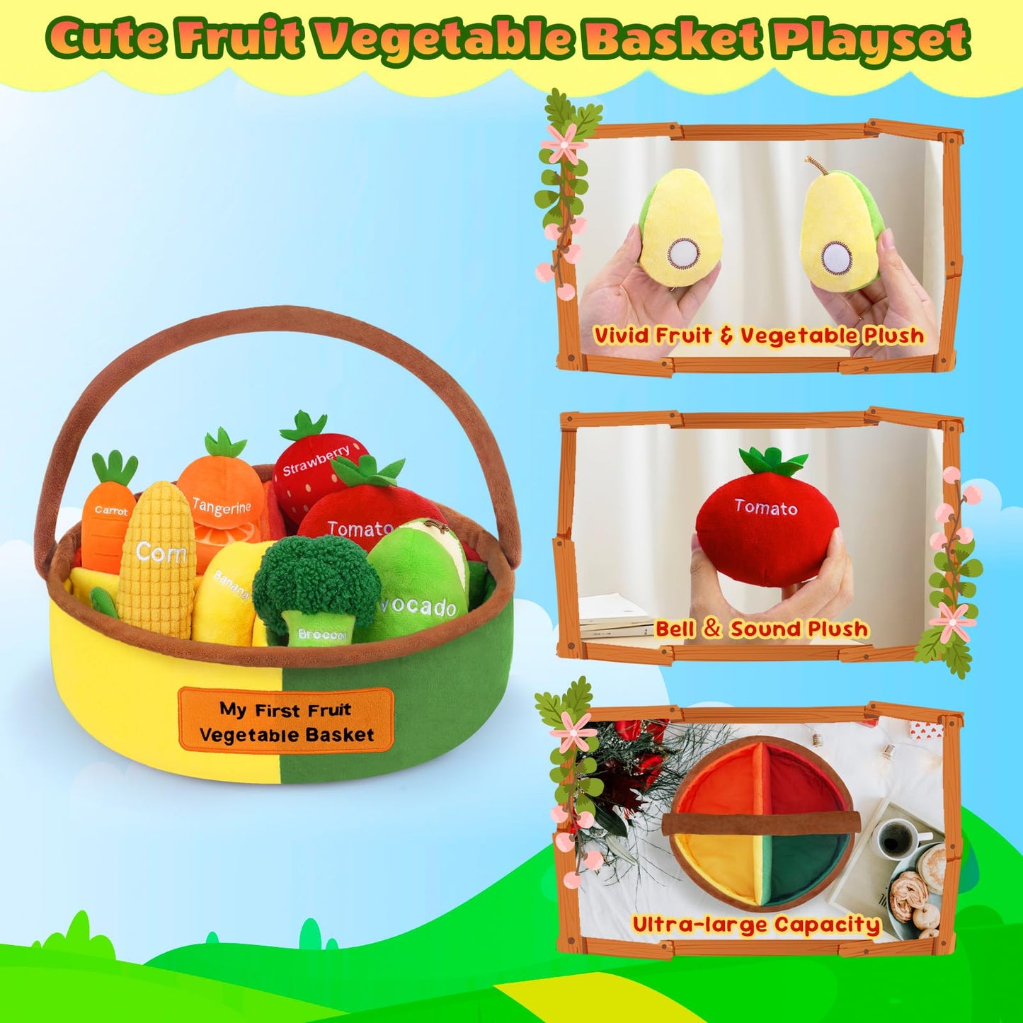 GERBIT My First Fruit Vegetable Basket Plush – 8 Plushies for Toddlers