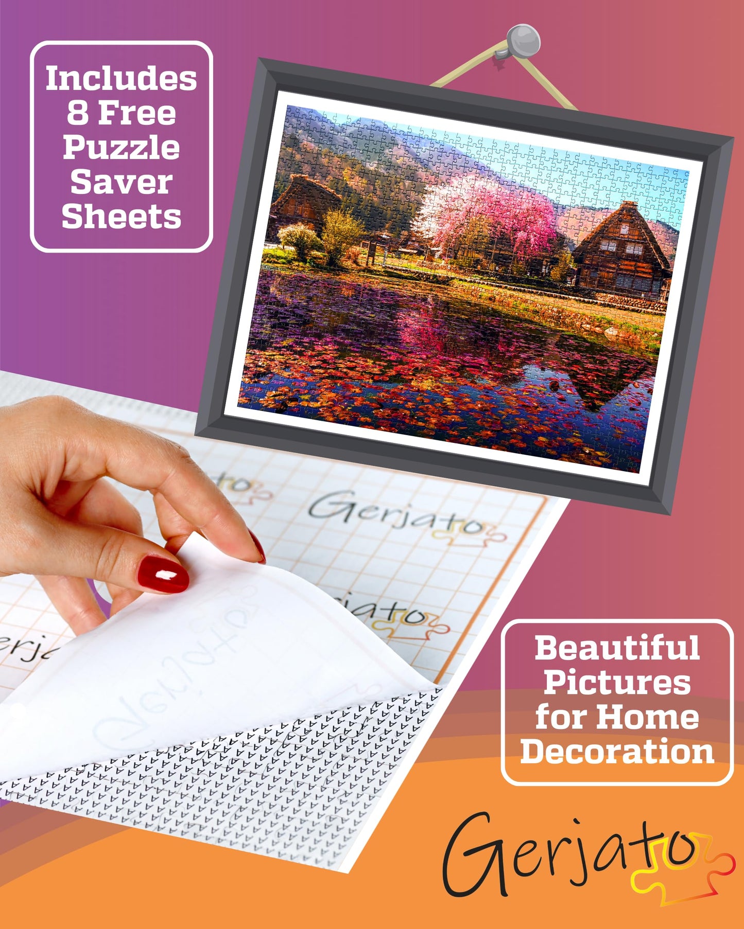 Gerjato 1000-Piece Puzzle for Adults – Scenic Village with Cherry Trees in Bloom | Gift-Ready Box