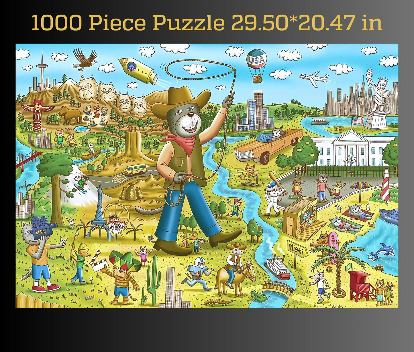 Gerjato 1000 Piece Puzzle – Funny Cats & Dogs USA Map, Gift-Ready Box, 8 Back-Section Clues, Full-Size Poster