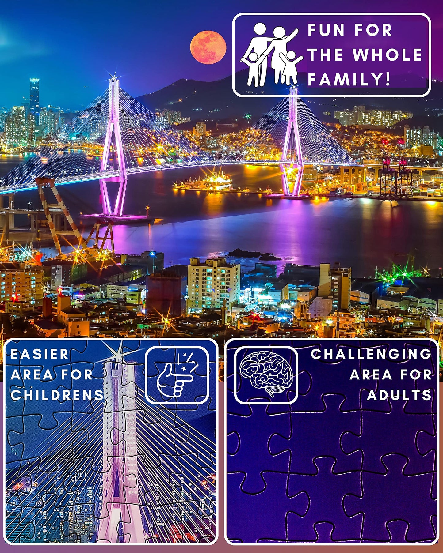 Gerjato 1000 Piece Puzzle for Adults – Night Cityscape with Moonlit Bridge, Gift-Ready Box, Saver Sheets & Poster