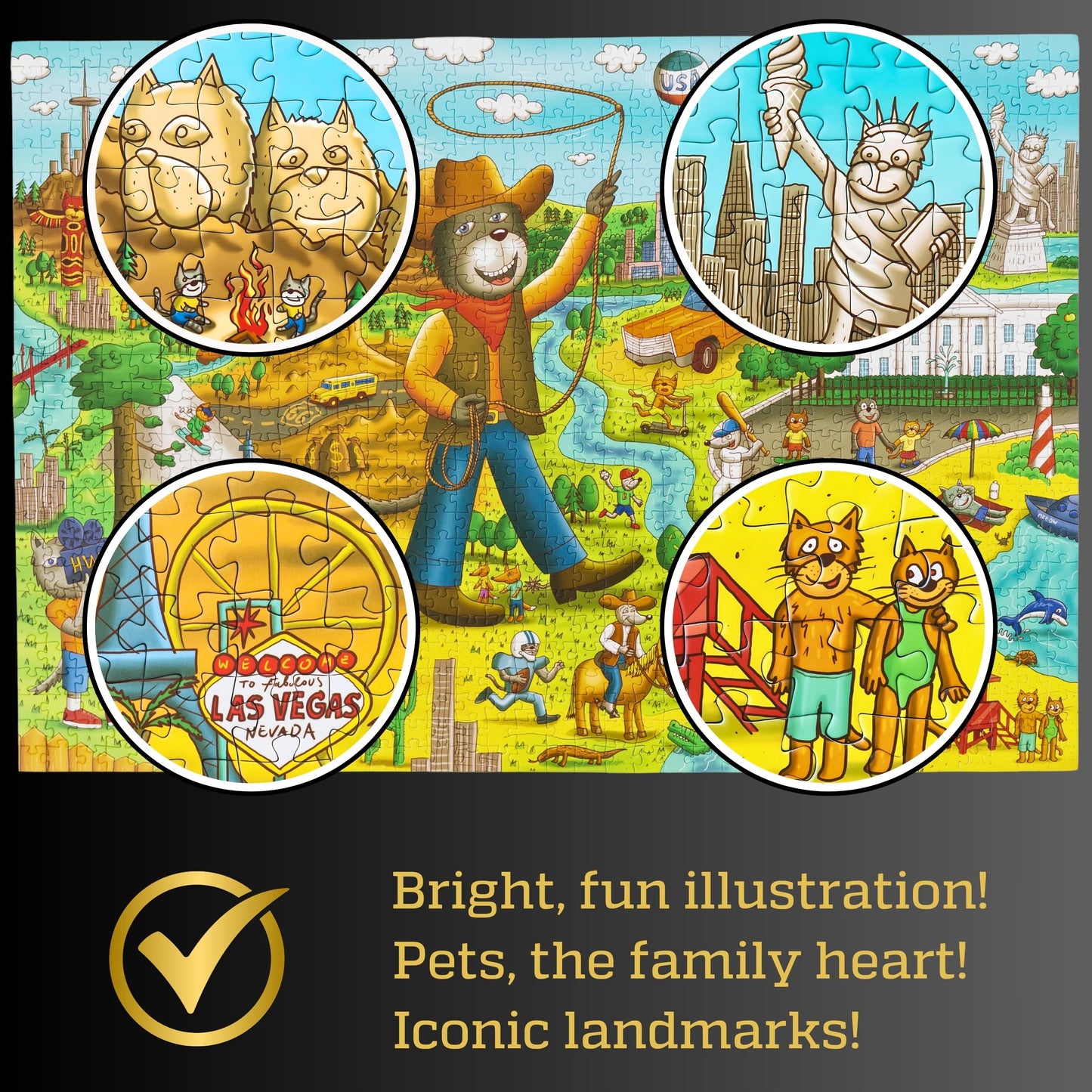 Gerjato 1000 Piece Puzzle – Funny Cats & Dogs USA Map, Gift-Ready Box, 8 Back-Section Clues, Full-Size Poster