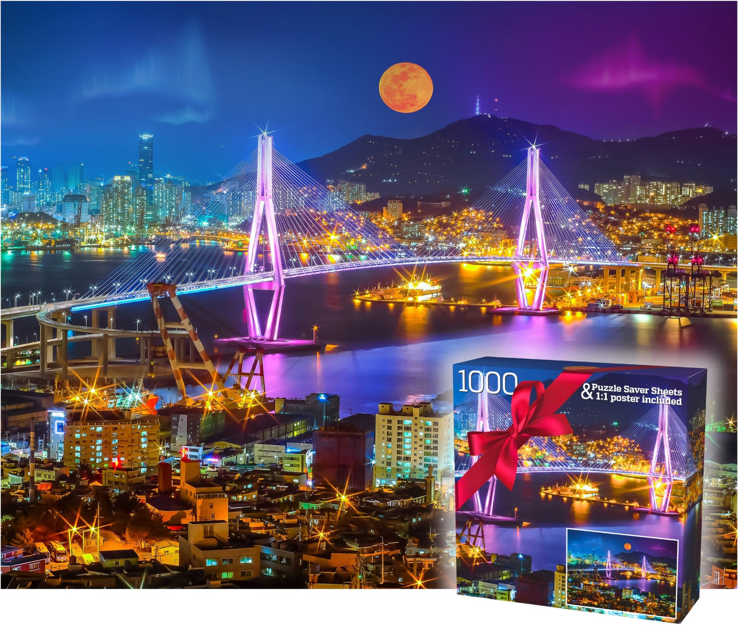 Gerjato 1000 Piece Puzzle for Adults – Night Cityscape with Moonlit Bridge, Gift-Ready Box, Saver Sheets & Poster