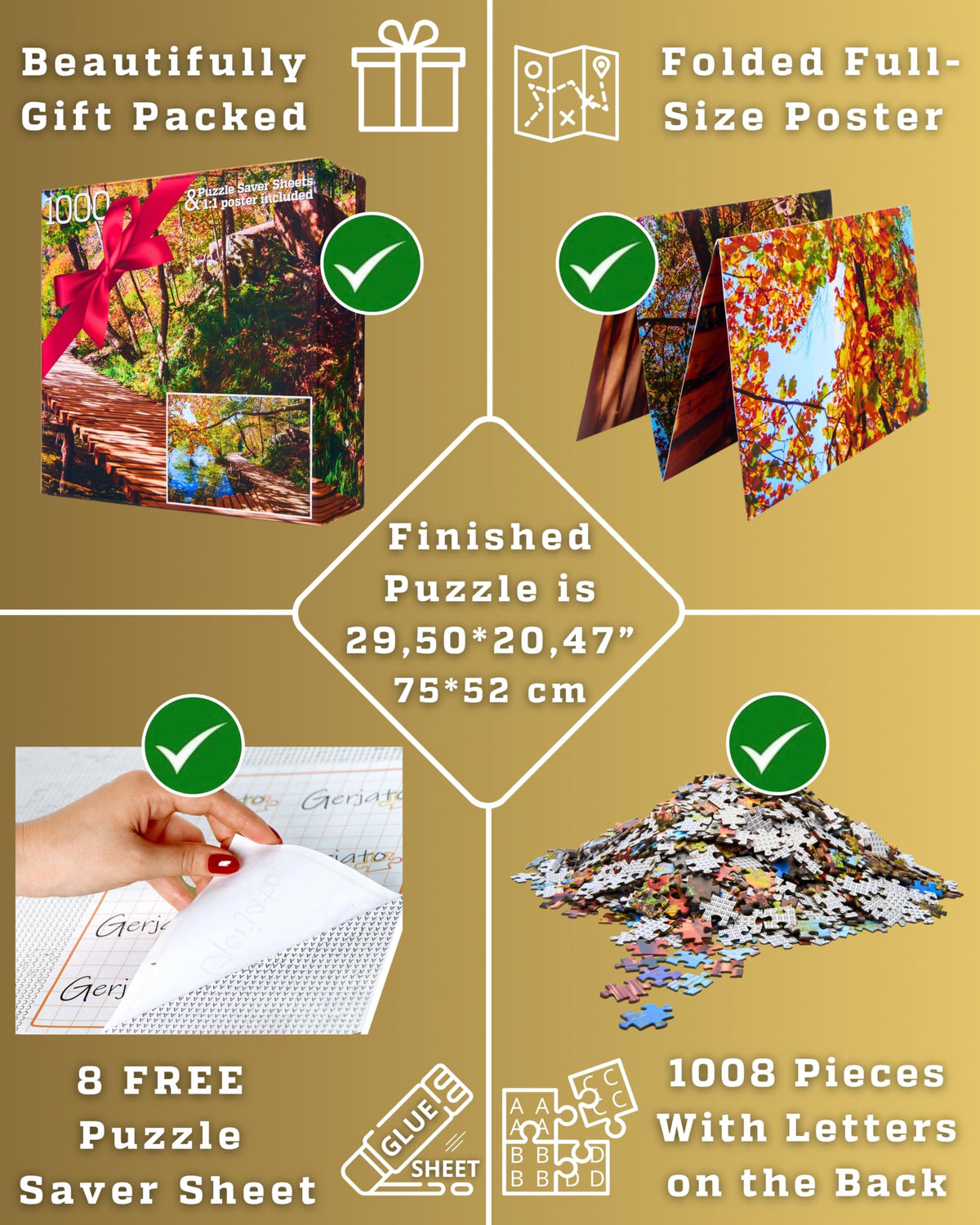 Gerjato 1000-Piece Puzzle: Golden Forest Trail by Quiet Lake in Autumn | Gift-Ready Box