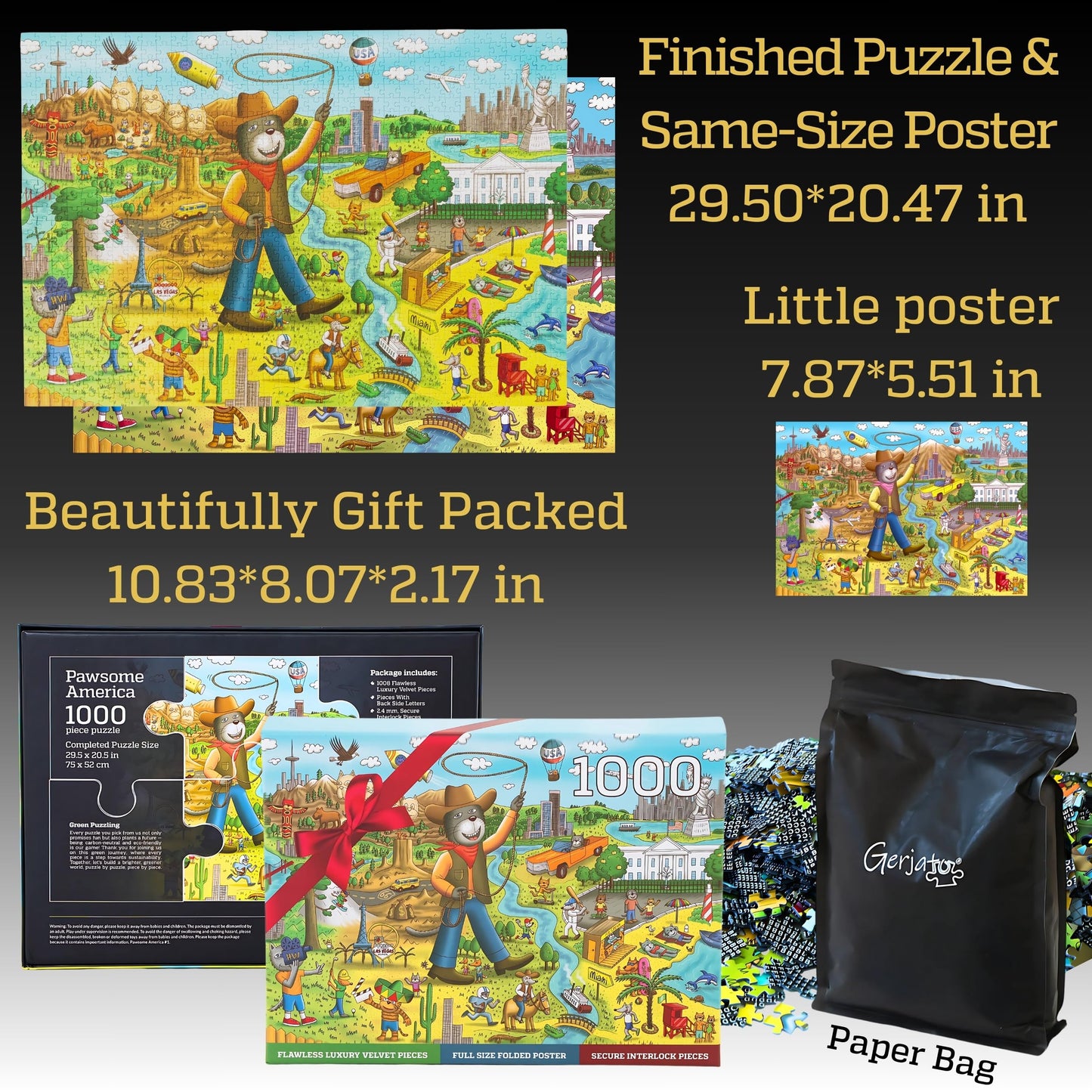 Gerjato 1000 Piece Puzzle – Funny Cats & Dogs USA Map, Gift-Ready Box, 8 Back-Section Clues, Full-Size Poster