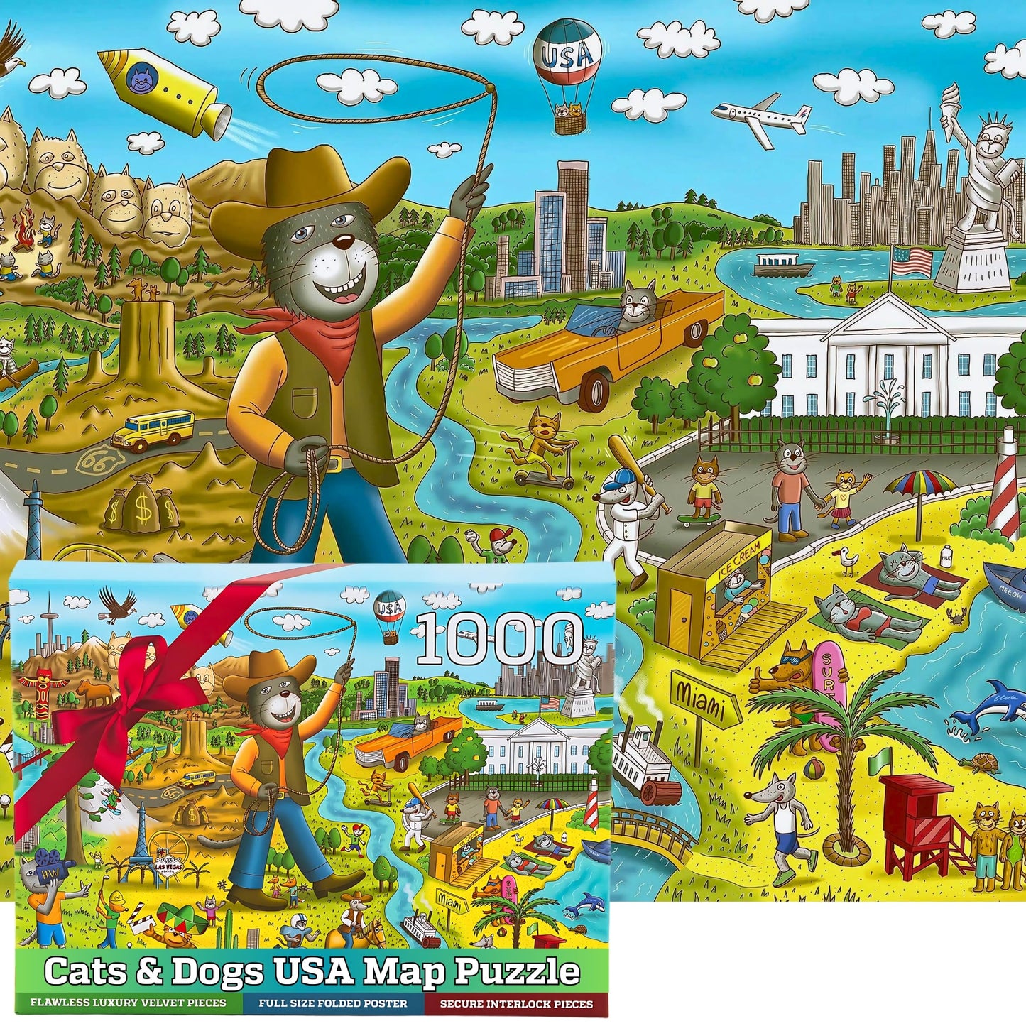 Gerjato 1000 Piece Puzzle – Funny Cats & Dogs USA Map, Gift-Ready Box, 8 Back-Section Clues, Full-Size Poster