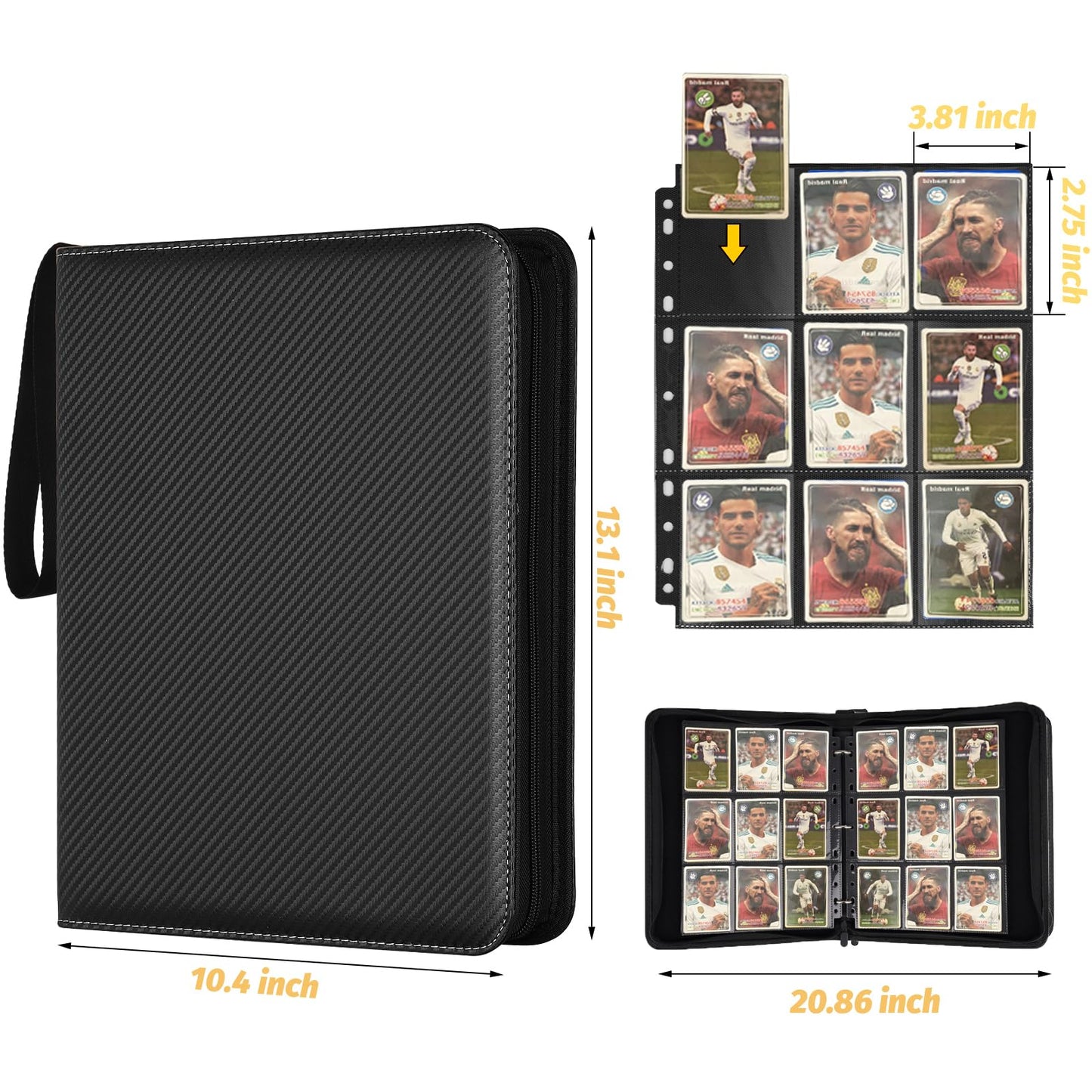 GERMUN 9-Pocket Card Binder | Premium PU Leather, 720 Cards, Zip Case (Black)