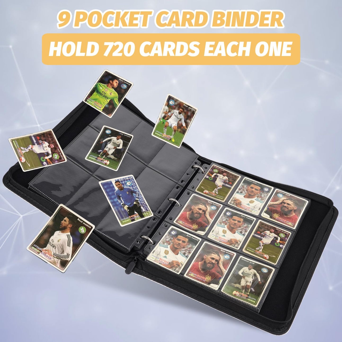 GERMUN 9-Pocket Card Binder | Premium PU Leather, 720 Cards, Zip Case (Black)