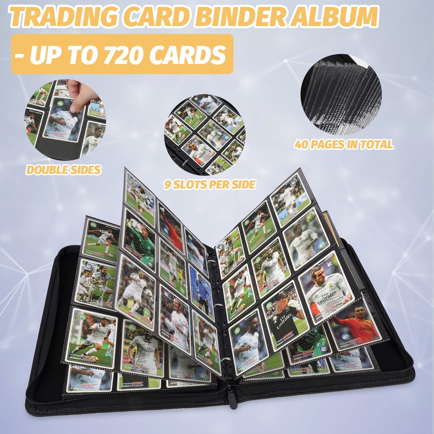 GERMUN 9-Pocket Card Binder - Premium PU Leather Zip Binder for 720 Cards