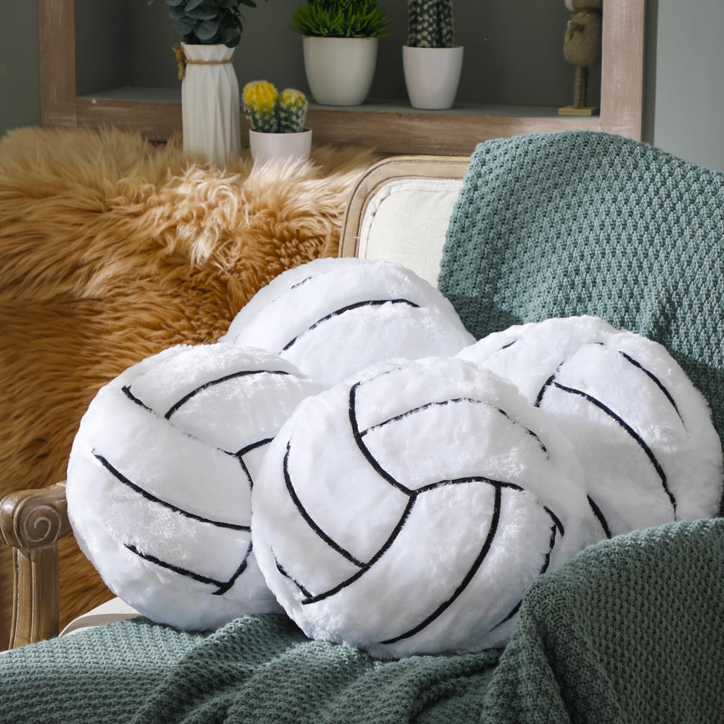 Gerrii 4 Pack Volleyball Pillows – Soft Plush 14x14 Inches, Sport-Themed Cushions for Bedroom & Living Decor