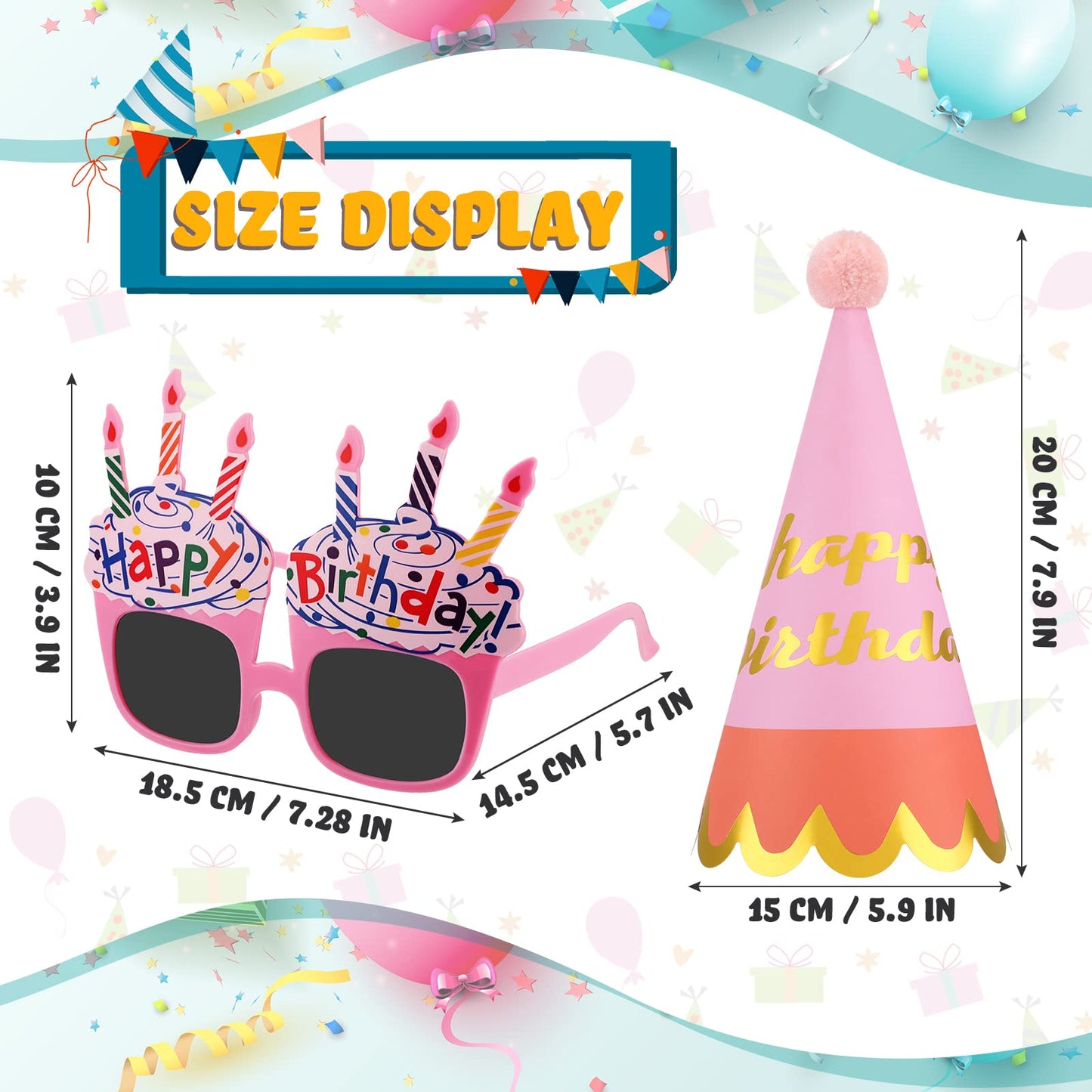 Gersoniel 16 Pcs Birthday Hats Set – Cone Hats with Pom Poms & Glasses for Family Celebrations