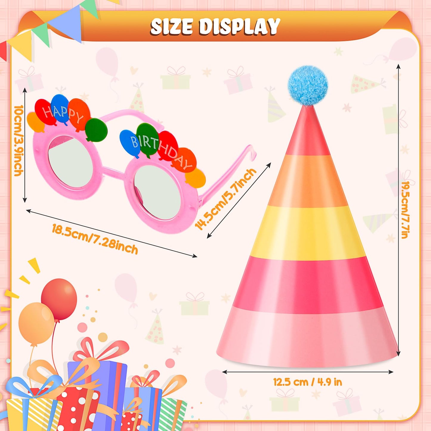 Gersoniel 24 Pcs Birthday Party Hats Set – Cone Hats with Pom Poms & Glasses for Family Celebrations
