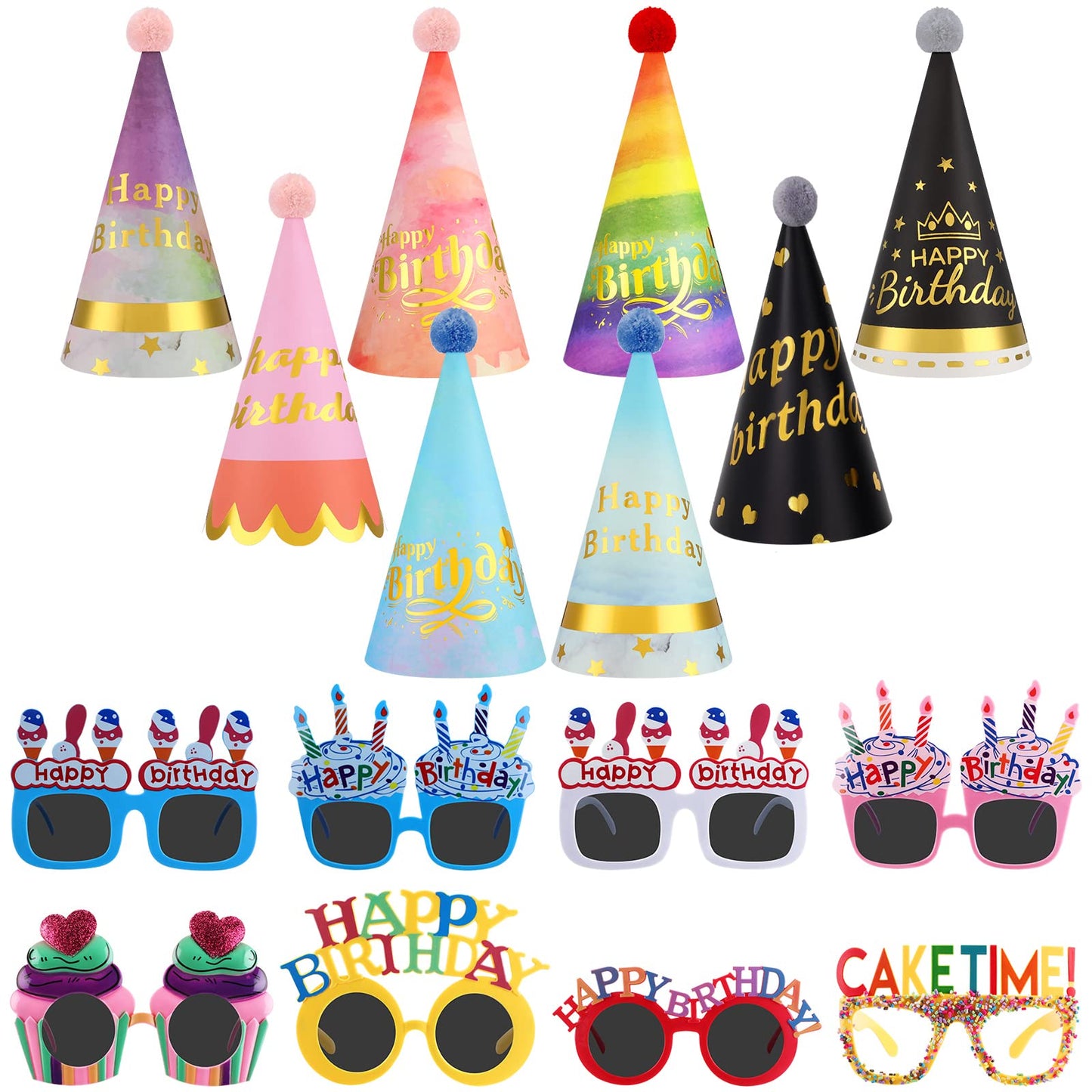 Gersoniel 16 Pcs Birthday Hats Set – Cone Hats with Pom Poms & Glasses for Family Celebrations