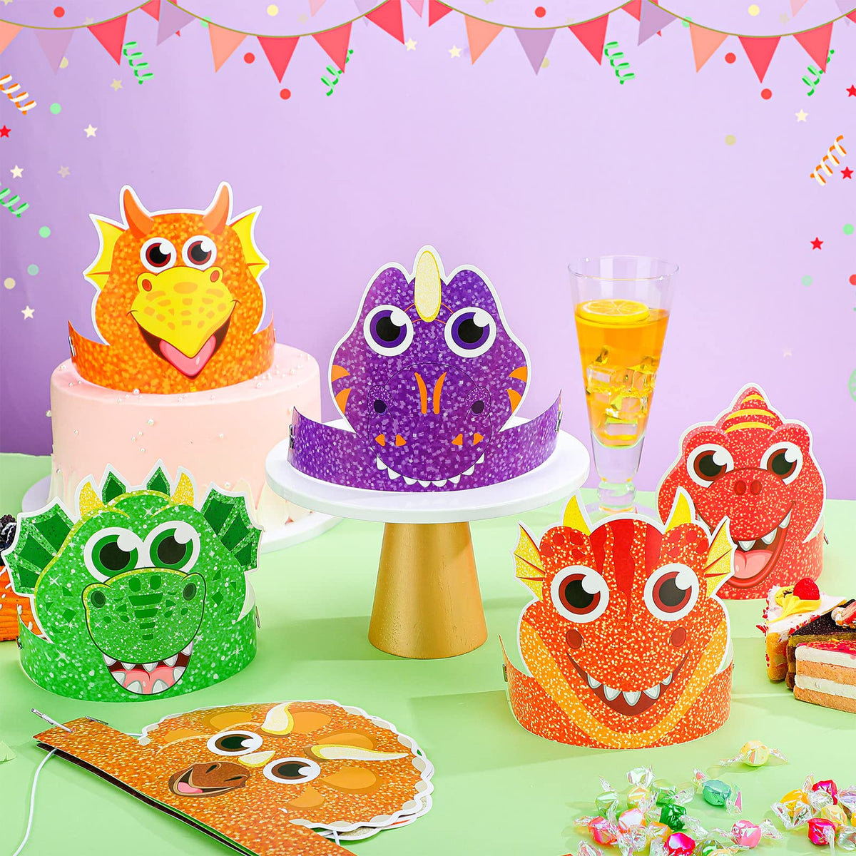 Gersoniel 24 Pcs Dinosaur Birthday Party Hats, Favors, Headbands & Paper Crowns – Dinosaur Theme Party Supplies