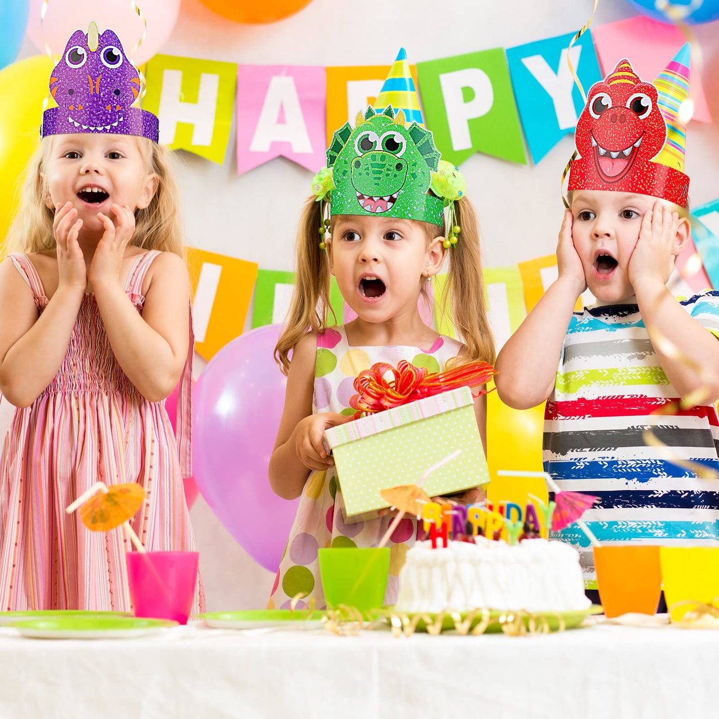 Gersoniel 24 Pcs Dinosaur Birthday Party Hats, Favors, Headbands & Paper Crowns – Dinosaur Theme Party Supplies