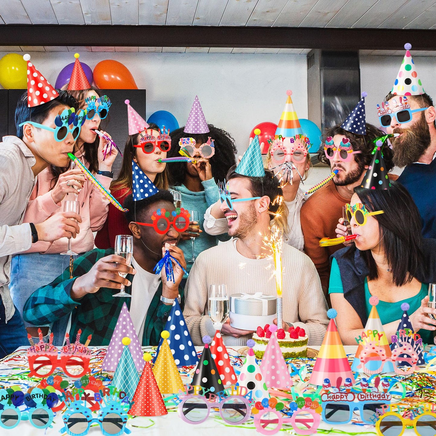 Gersoniel 24 Pcs Birthday Party Hats Set – Cone Hats with Pom Poms & Glasses for Family Celebrations