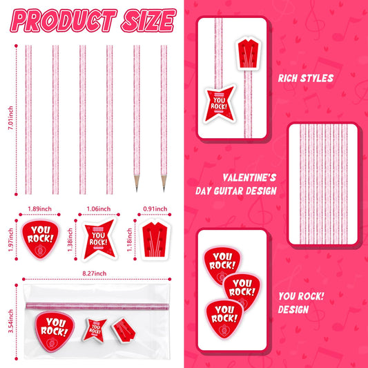 Gersoniel 16-Piece Valentine's Guitar Pencil Set with Erasers, Cards & Gift Bags