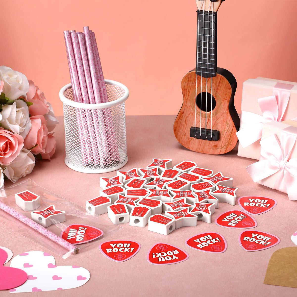Gersoniel 16-Piece Valentine's Guitar Pencil Set with Erasers, Cards & Gift Bags