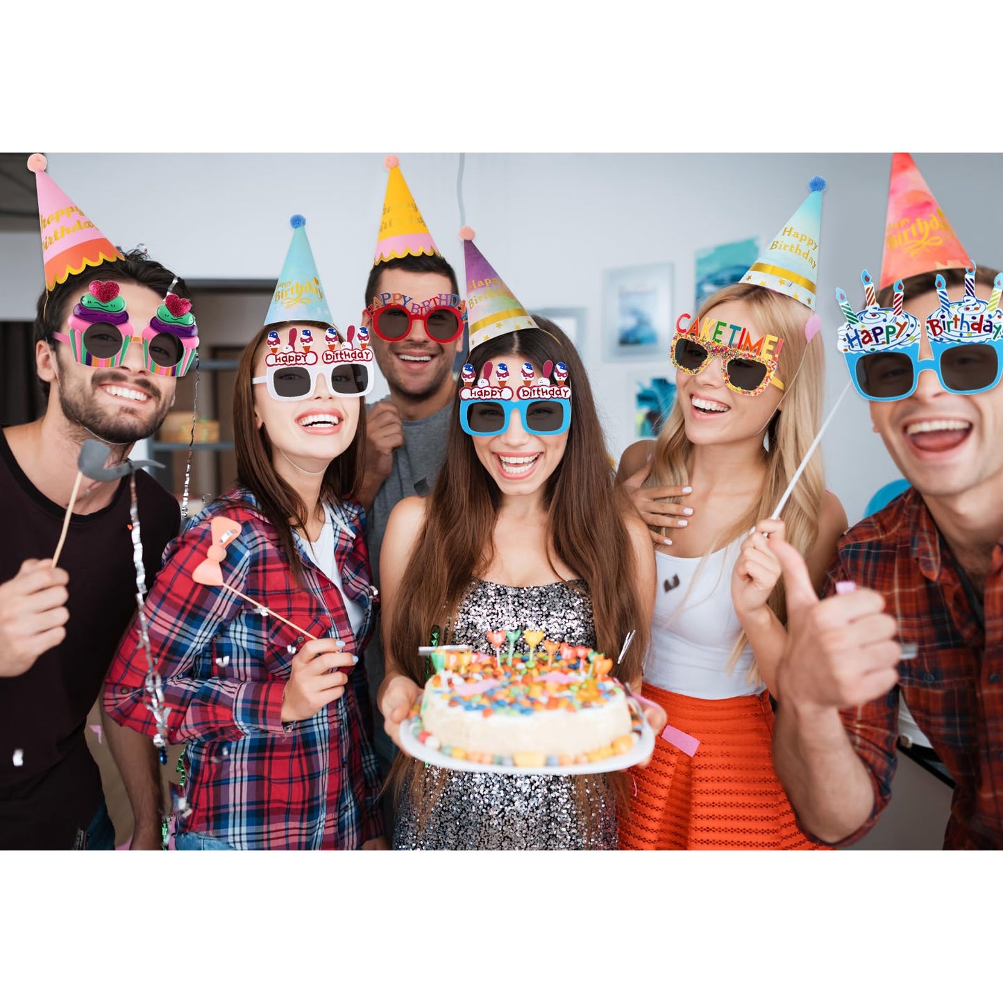 Gersoniel 16 Pcs Birthday Hats Set – Cone Hats with Pom Poms & Glasses for Family Celebrations