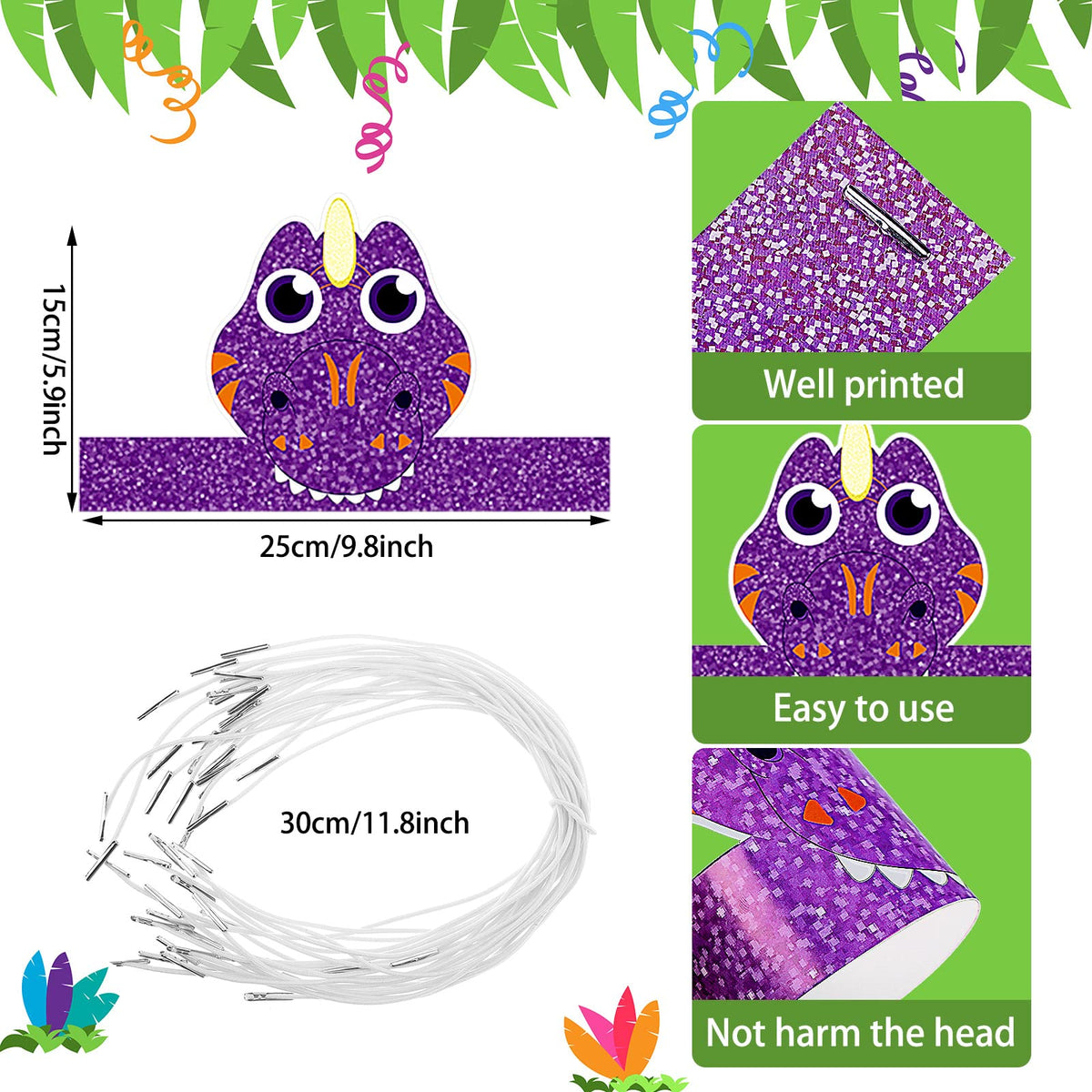 Gersoniel 24 Pcs Dinosaur Birthday Party Hats, Favors, Headbands & Paper Crowns – Dinosaur Theme Party Supplies